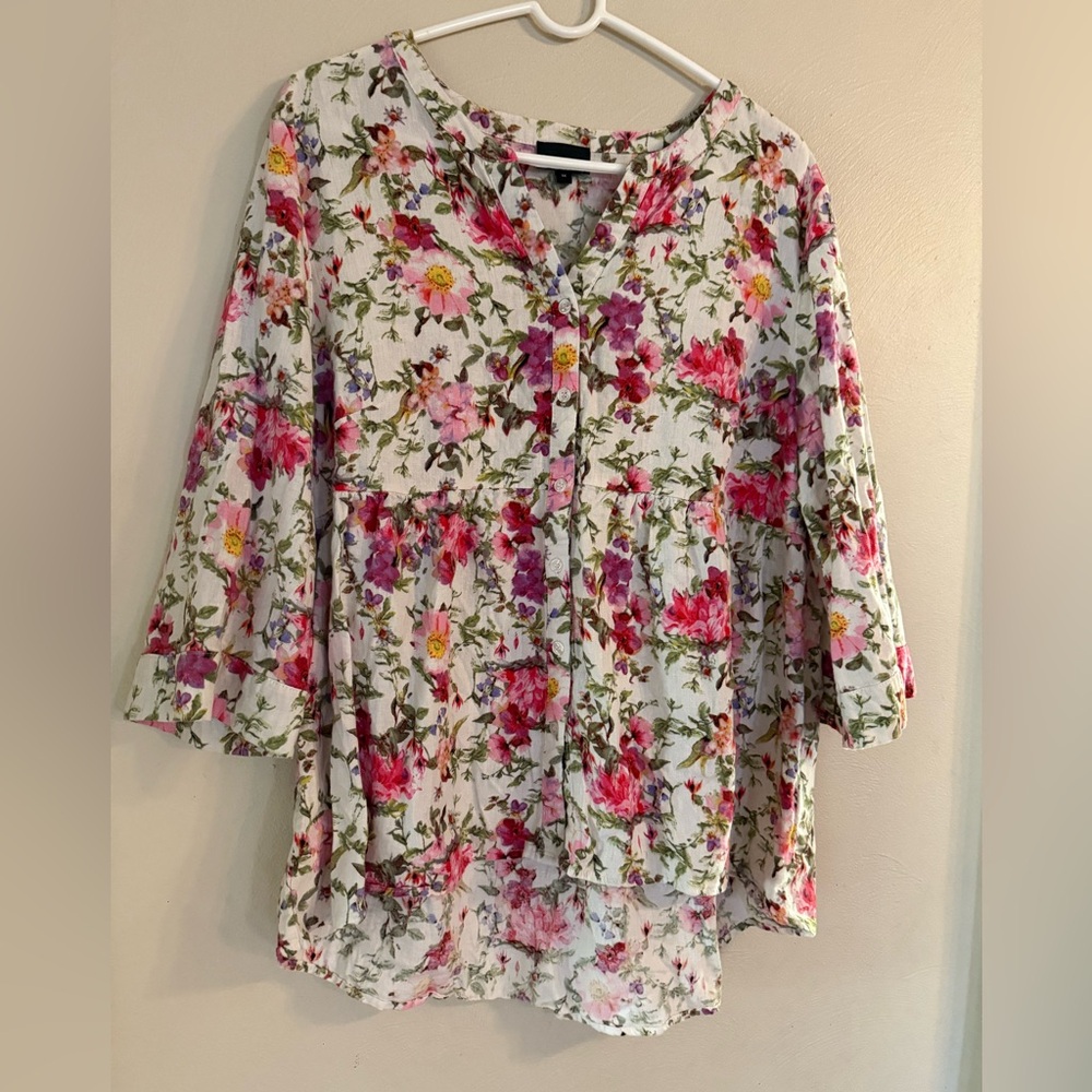 JNY floral linen blend top womens 1X pink cream 1/4 button blouse boho fairy